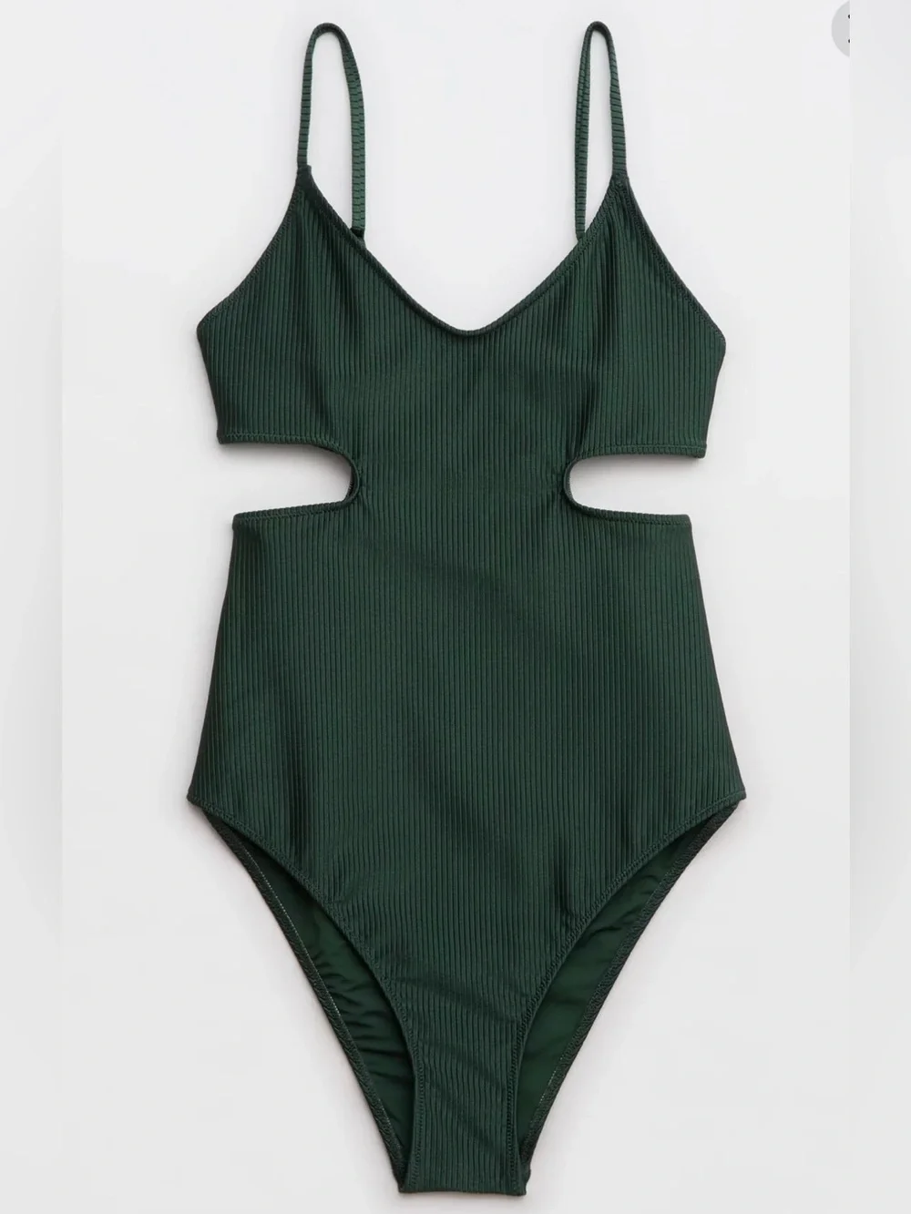 NWT Aerie Shine Rib Voop Cheeky CutOut One Piece Swimsuit Green Sycamore S(long)